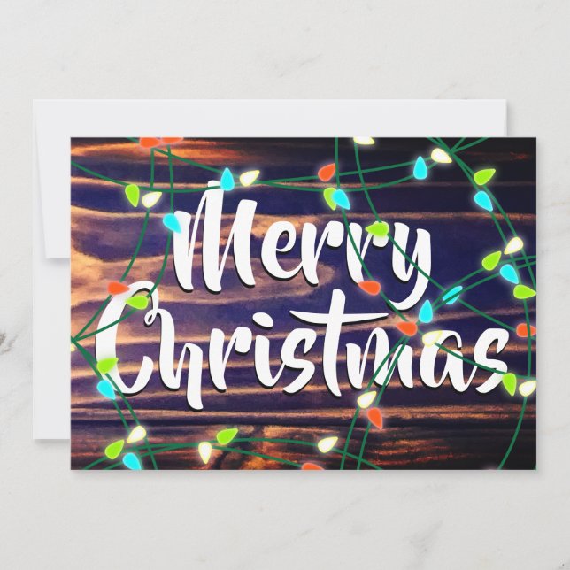 Personalized Christmas Lights on Woodgrain Holiday Card (Front)