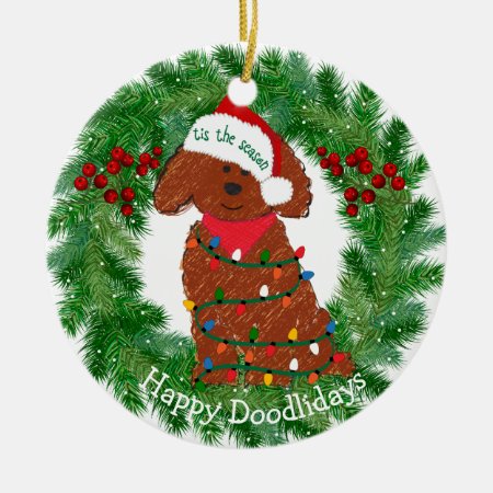 Personalized Christmas Lights Red Goldendoodle Ceramic Ornament