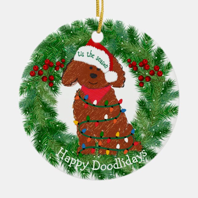 Personalized Christmas Lights Red Goldendoodle Ceramic Ornament (Front)