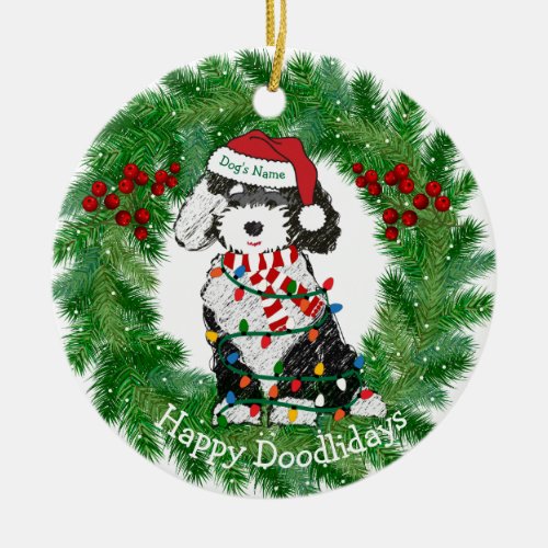 Personalized Christmas Lights Sheepadoodle Ceramic Ornament