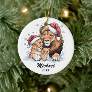 Personalized Christmas lion family with Santa Hat Ceramic Ornament