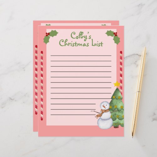 Personalized Christmas List with Snowman