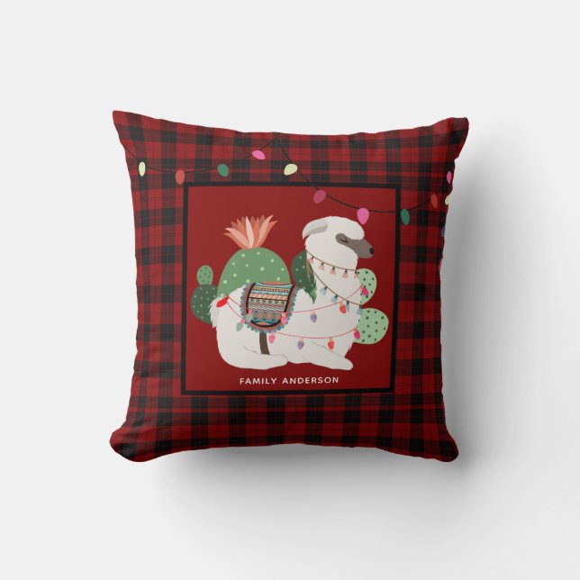 Personalized Christmas LLama Alpaca Buffalo Plaid Throw Pillow (Front)
