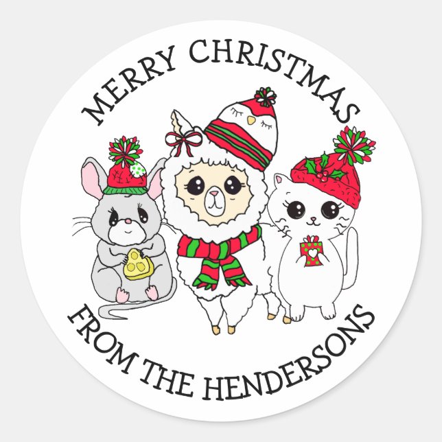 Personalized Christmas Llama, Kitten and Mouse Classic Round Sticker (Front)