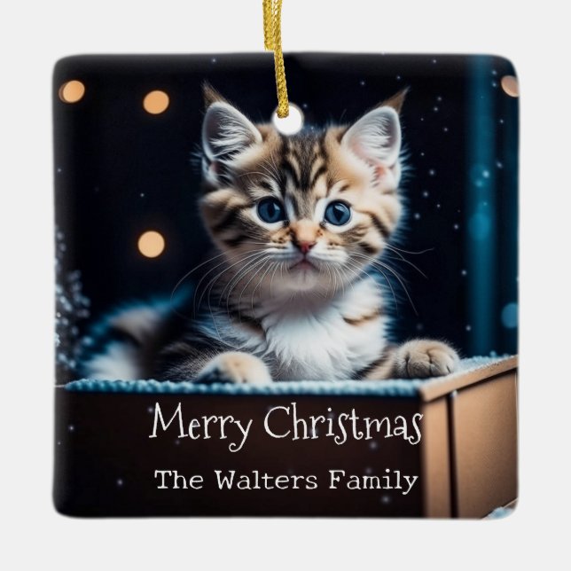 Personalized Christmas Message Christmas Kitten Ceramic Ornament (Front)