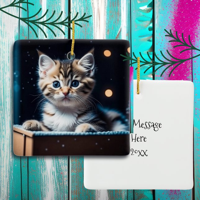 Personalized Christmas Message Christmas Kitten Ceramic Ornament (Creator Uploaded)