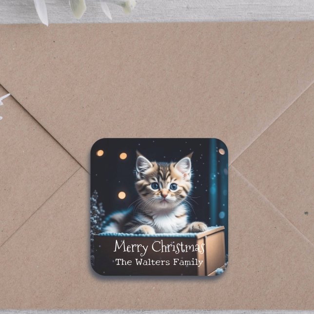 Personalized Christmas Message Christmas Kitten Square Sticker (Creator Uploaded)