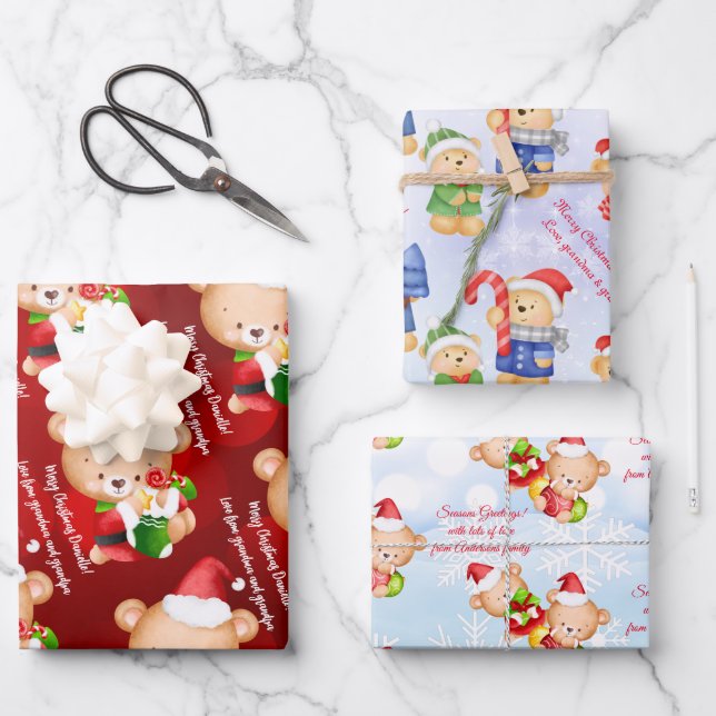 Personalized Christmas message template teddy bear Wrapping Paper Sheets (Front)
