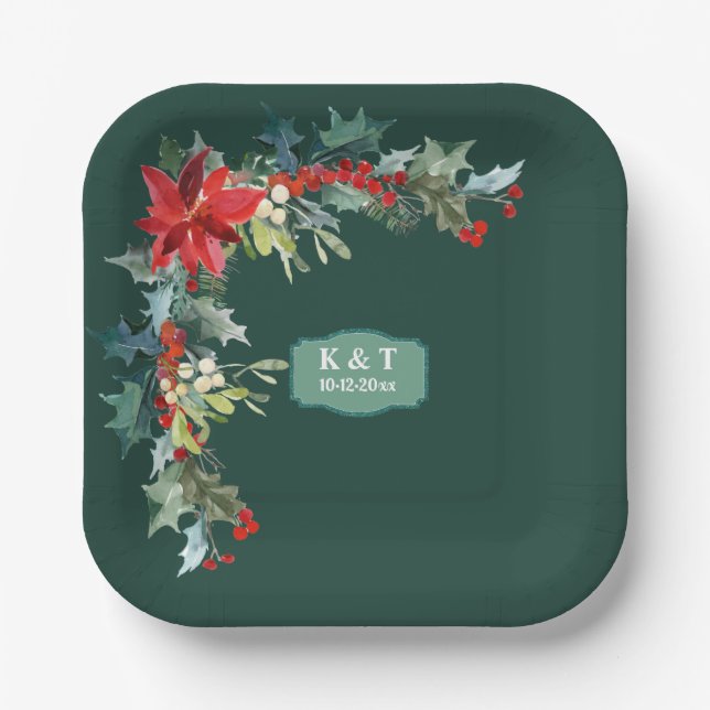 Personalized Christmas Mistletoe Wreath Paper Plates (Front)