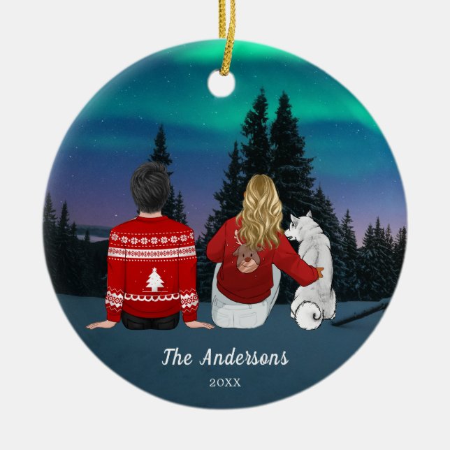 Personalized Christmas Mom Dad Dog Family  Ceramic Ornament (Front)