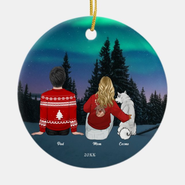 Personalized Christmas Mom Dad Dog Family  Ceramic Ornament (Front)