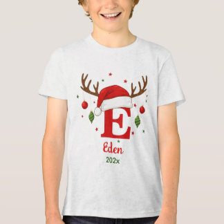 Personalized Christmas Monogram E Santa Hat Tri-Blend Shirt