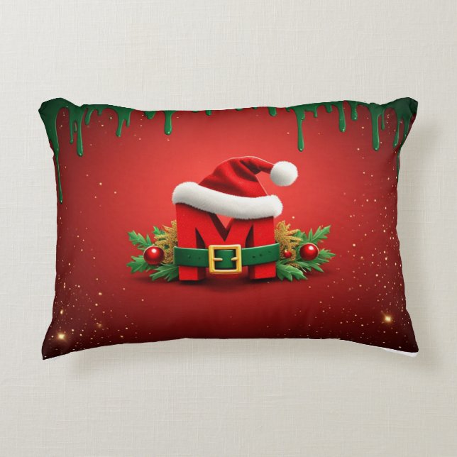 Personalized Christmas Monogram M with Santa Hat  Accent Pillow (Front)