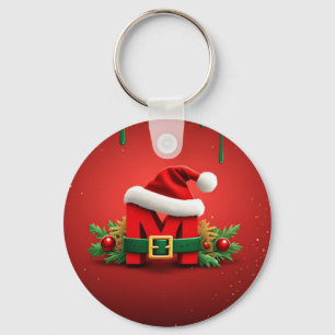 Personalized Christmas Monogram M with Santa Hat Keychain