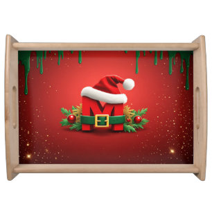 Personalized Christmas Monogram M with Santa Hat Serving Tray