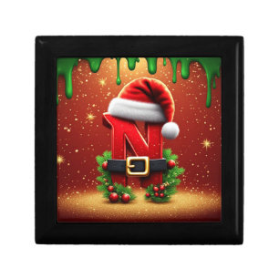 Personalized Christmas Monogram N with Santa Hat Gift Box