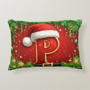 Personalized Christmas Monogram P with Santa Hat Accent Pillow