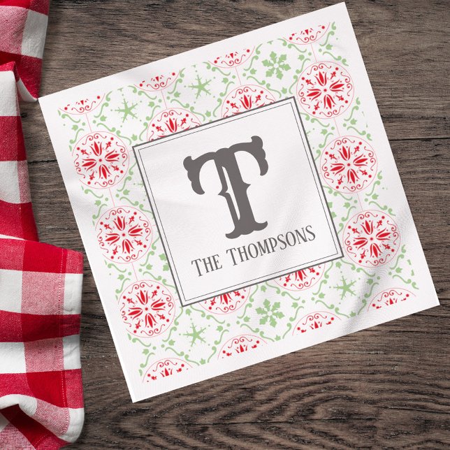 Personalized Christmas Monogram Snowflake Cocktail Napkins (Personalized Christmas monogram napkin with red snowflake pattern.)