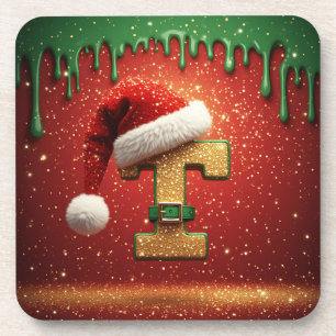 Personalized Christmas Monogram T with Santa Hat Beverage Coaster