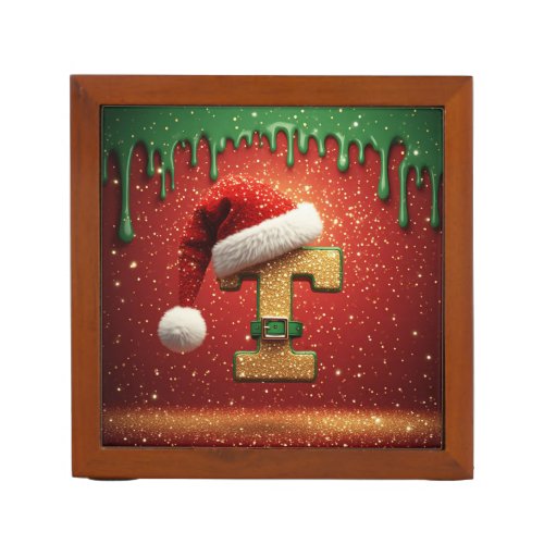 Personalized Christmas Monogram T with Santa Hat Desk Organizer