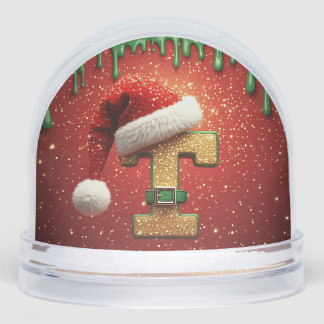 Personalized Christmas Monogram T with Santa Hat Snow Globe