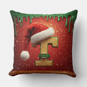 Personalized Christmas Monogram T with Santa Hat Throw Pillow