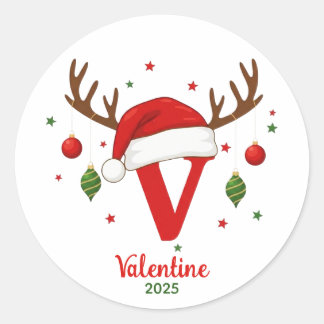 Personalized Christmas Monogram V Santa Hat Classic Round Sticker