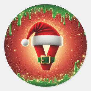 Personalized Christmas Monogram V with Santa Hat Classic Round Sticker