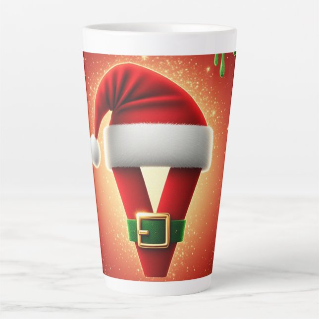 Personalized Christmas Monogram V with Santa Hat Latte Mug (Front)