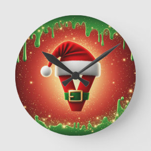 Personalized Christmas Monogram V with Santa Hat Round Clock