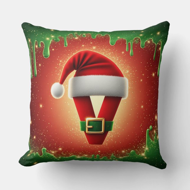 Personalized Christmas Monogram V with Santa Hat Throw Pillow (Front)