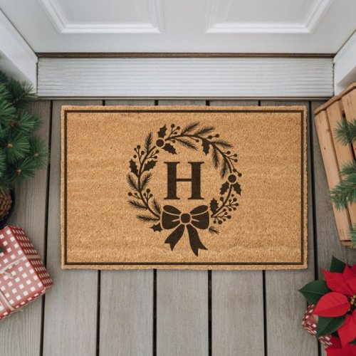 Personalized Christmas Monogram Wreath Fiber Doormat