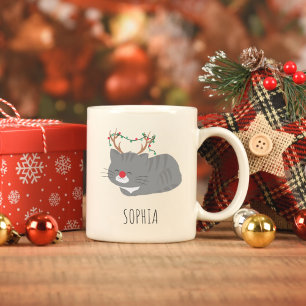 Personalized Christmas Mug, Cat Lover Reindeer Two-Tone Coffee Mug