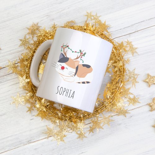 Personalized Christmas Mug Cat Lover Reindeer Two_Tone Coffee Mug