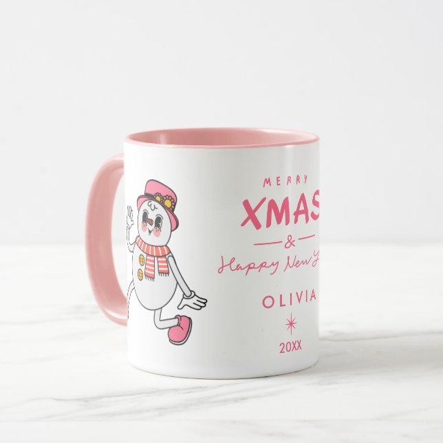 Personalized Christmas Mug | Cute Pink Snowman (Front Left)