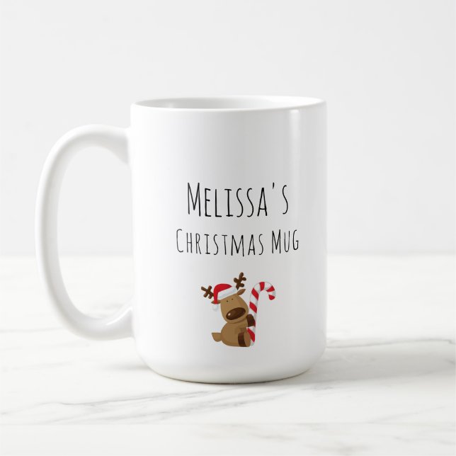 Personalized Christmas Mug, Cute Reindeer cartoon Coffee Mug (Left)