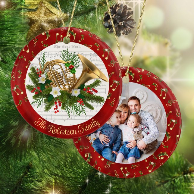 Personalized Christmas Music French Horn Photo Ceramic Ornament (Creator Uploaded)