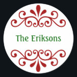 Personalized Christmas Name Stickers<br><div class="desc">These holiday stickers feature a red scroll design and green text. Customize them with your name. Great for tags to put on gifts or baked goods!</div>