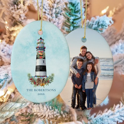 Personalized Christmas Nautical Lighthouse Photo Ceramic Ornament