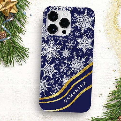 Personalized Christmas Navy Blue Gold Snowflakes iPhone 15 Pro Max Case