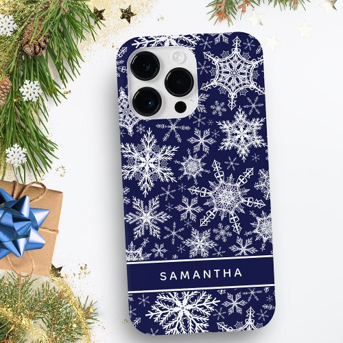 Personalized Christmas Navy Blue White Snowflakes Case_Mate iPhone 14 Pro Max Case