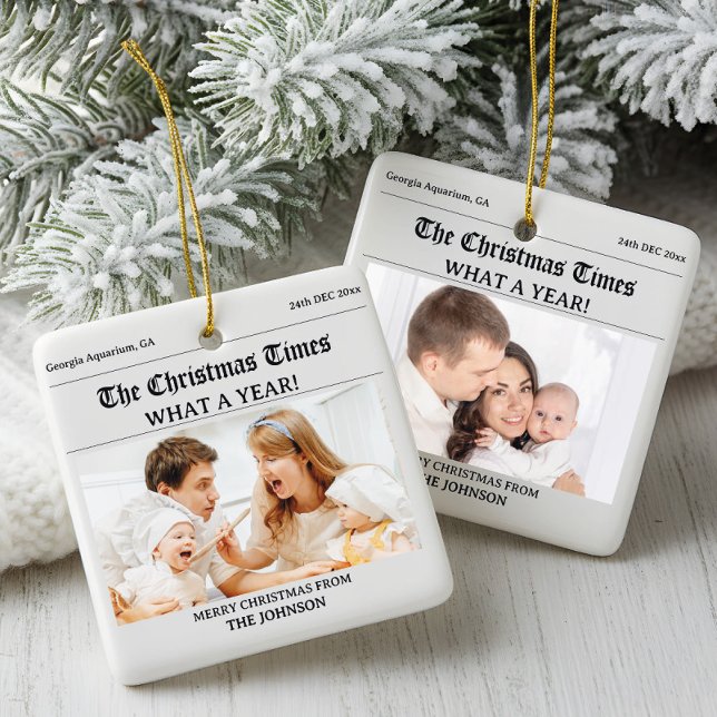 Personalized Christmas Newspaper Double Photo Ceramic Ornament (Creator Uploaded)
