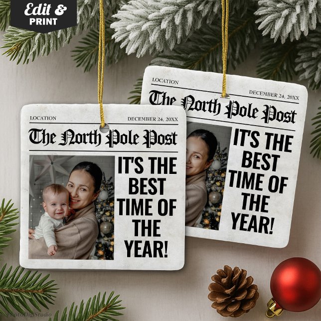 Personalized Christmas Newspaper Photo  Ceramic Ornament (Personalized Christmas Newspaper Photo Ceramic Ornament)