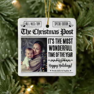 Personalized Christmas Newspaper Photo Ceramic Ornament