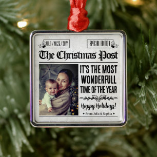 Personalized Christmas Newspaper Photo  Metal Ornament