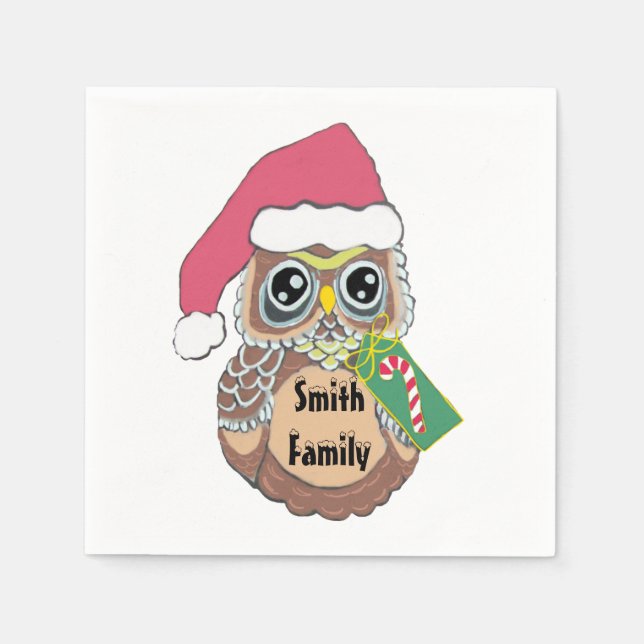 Personalized Christmas Owl Paper Napkins (Front)