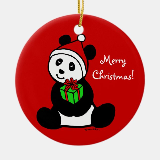 Personalized Christmas Panda Santa Hat Ceramic Ornament (Front)