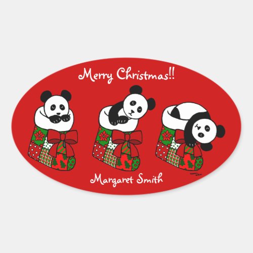 Personalized Christmas Panda Stocking Oval Sticker