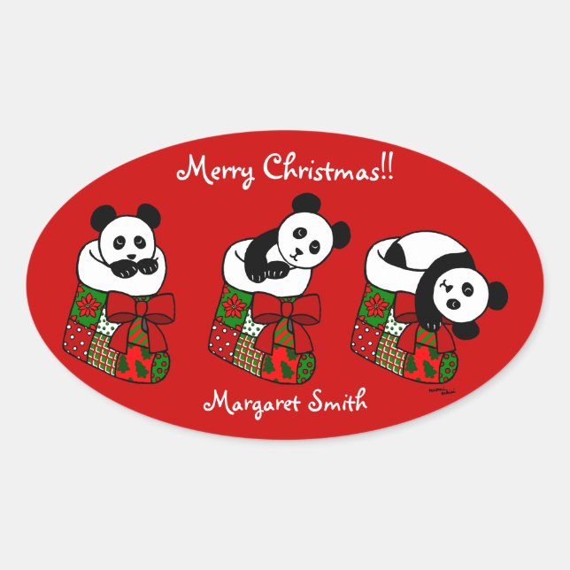 Personalized Christmas Panda Stocking Oval Sticker (Front)