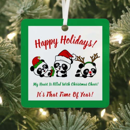 Personalized Christmas Pandas Metal Ornament